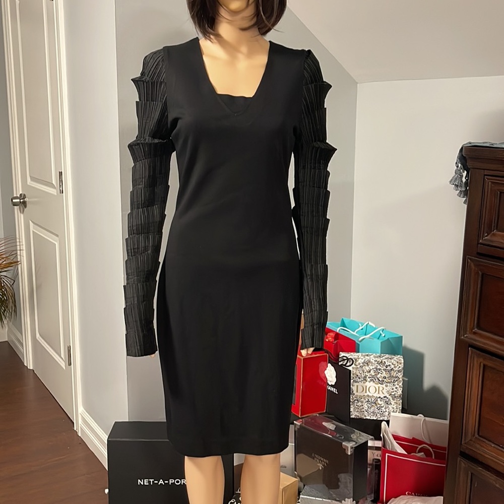 Kimberly Ovitz  layered sleeves black cocktail dress